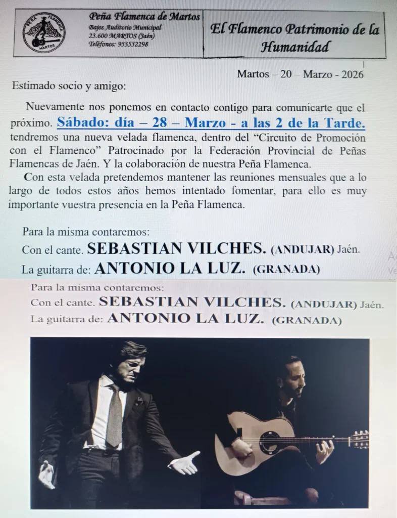 Peña Cultural Flamenca de Martos Cartelera 2026