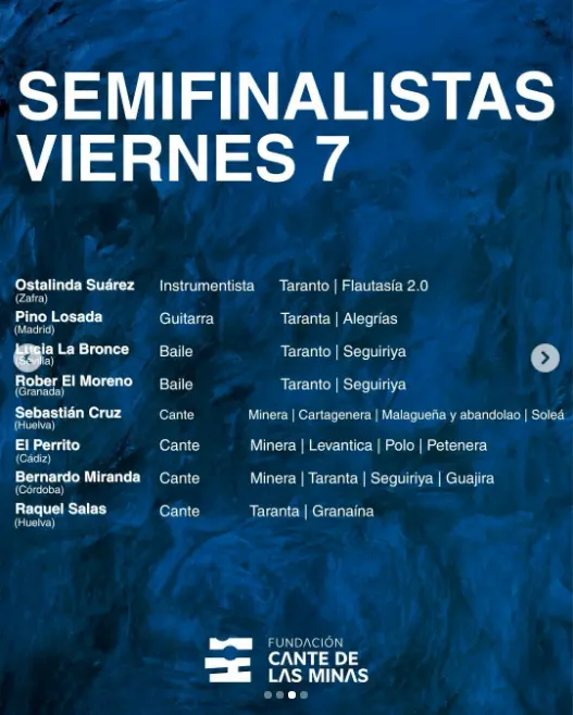 Artistas seleccionados para la semifinal del viernes 7 de agosto en el Festival Internacional del Cante de las Minas