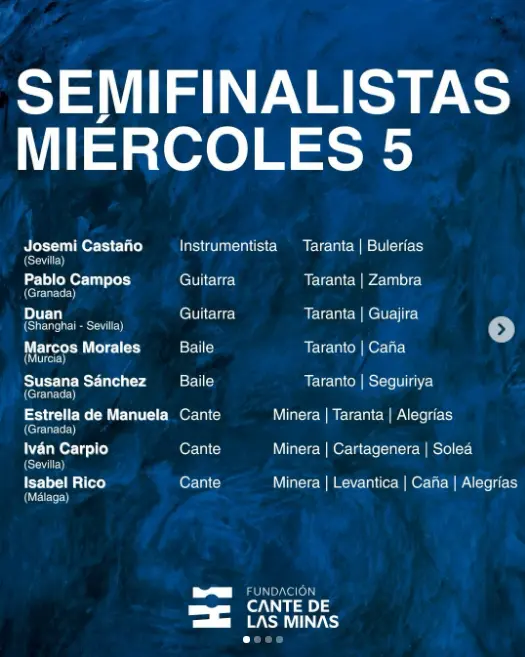 Cartel oficial con los semifinalistas del miércoles 5 de agosto del 65º Festival Internacional del Cante de las Minas 2026