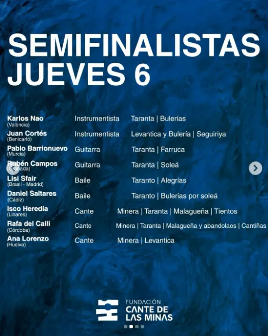 Semifinalistas del jueves 6 de agosto del Festival Internacional del Cante de las Minas 2026