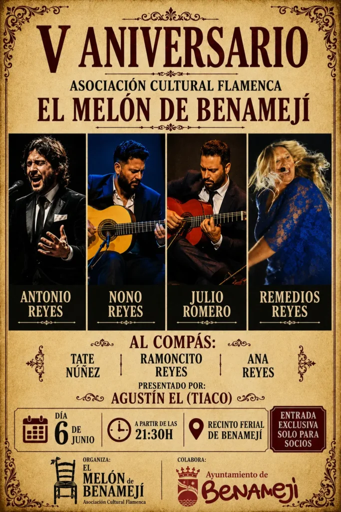 Cartel V Aniversario Asociación Cultural Flamenca El Melón de Benamejí